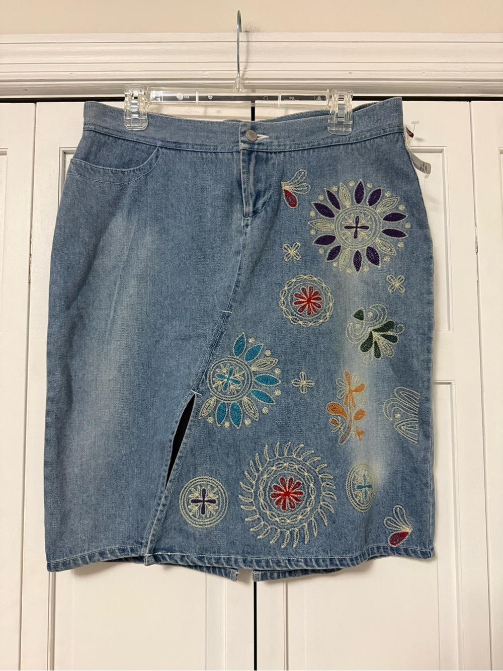 Vintage Clio Light Blue Denim Skirt with Multicolor Embroidery